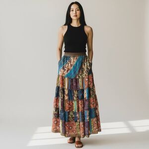 The Pyramid Collection Boho Patchwork Tiered Maxi Skirt M Lace Hem Lined